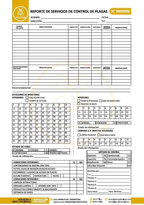 Formato real del reporte de servicios de control de plagas de TERMI PLAG